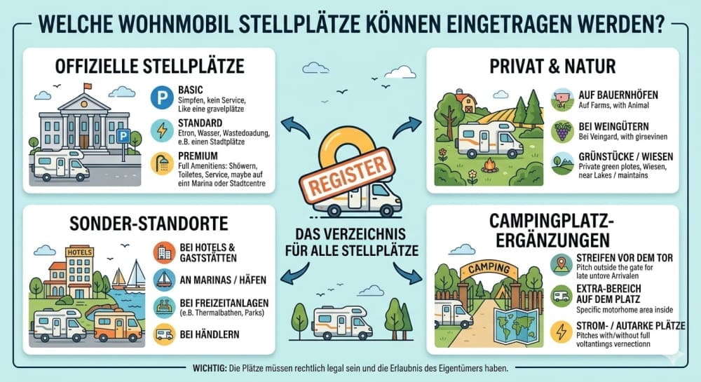 Welche Wohnmobil Stellplätze können eingetragen werden?